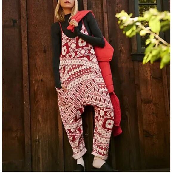 Free People Hot Shot Onesie Printed Red Small NEW